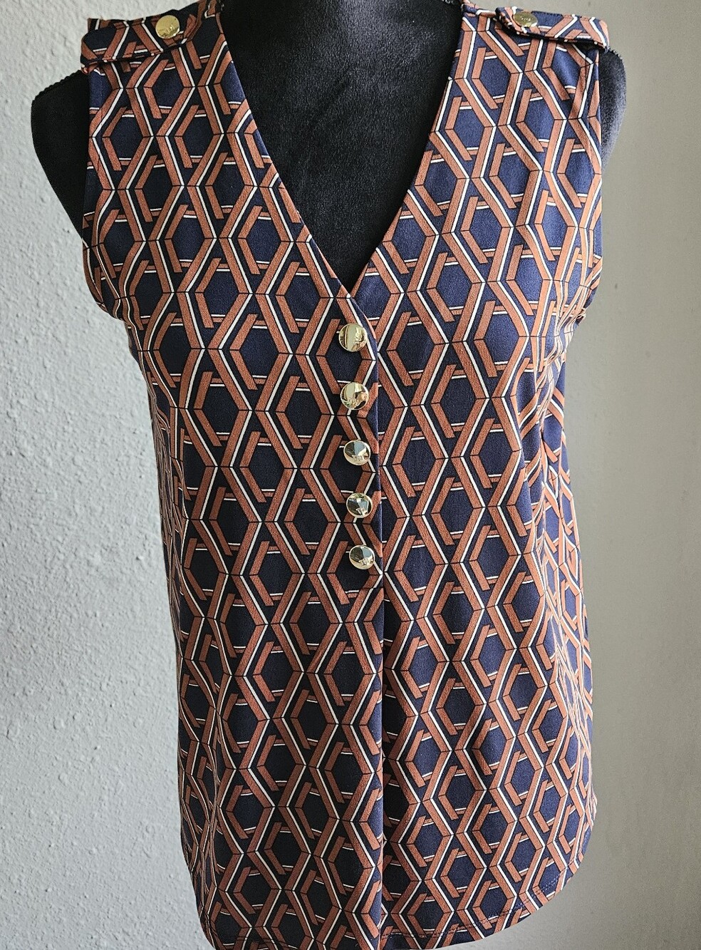 Tommy Hilfiger Navy and Rust Geometric Button-Front V-Neck Camisole